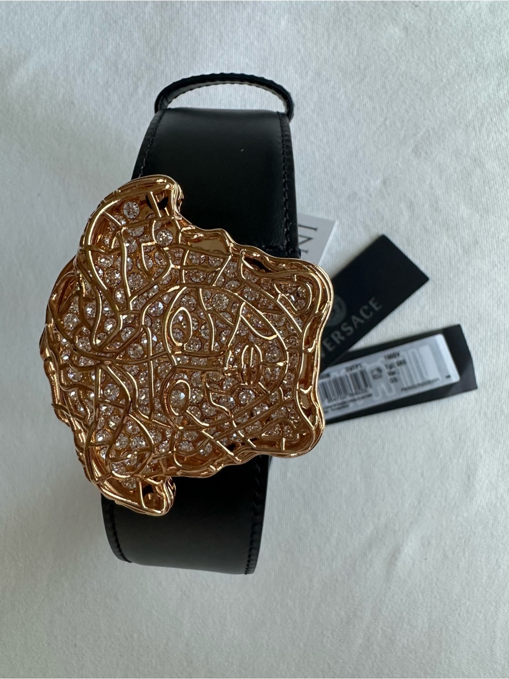 Versace Black Leather Belt with Gold Crystal Medusa Motif Buckle